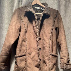 LL Bean Women S PET Brown Faux Suede Coat-Jacket Faux Fur Sherpa Fleece Lining